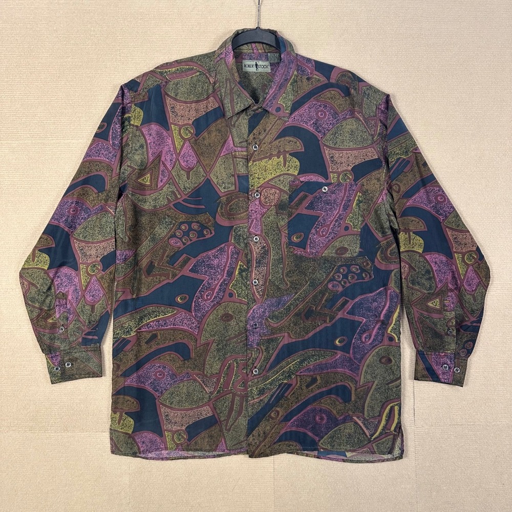 Robert Stock Silk Shirt Men L Multicolor Abstract Geometric Shirt Long Sleeve